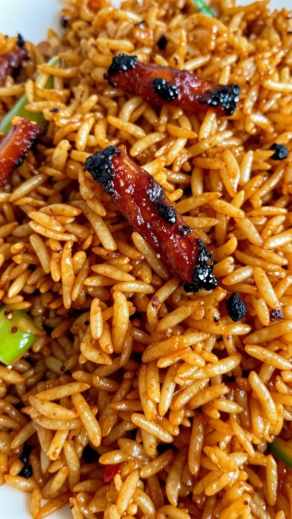 Crispy fried rice with smoky barbecue glaze close-up