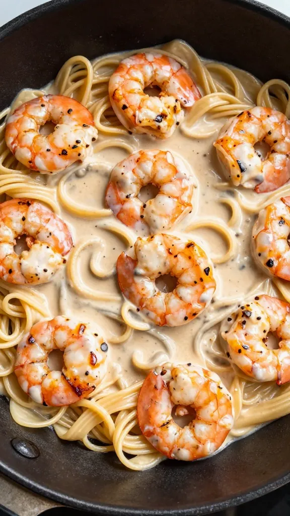 bbq shrimp pasta in skillet with creamy smoky sauce