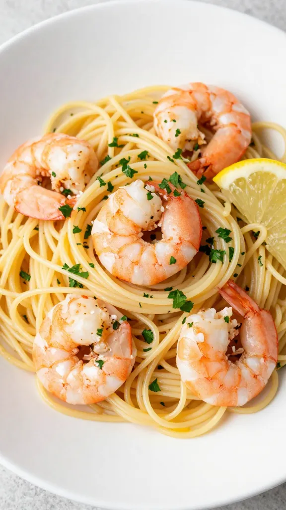 leftover shrimp tossed with spaghetti, lemon, and parsley