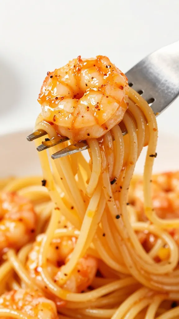 close-up twirled bbq shrimp pasta on fork, glossy sauce