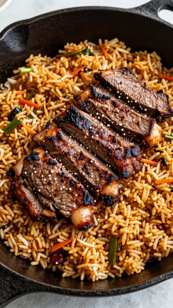 BBQ steak fried rice in cast-iron skillet