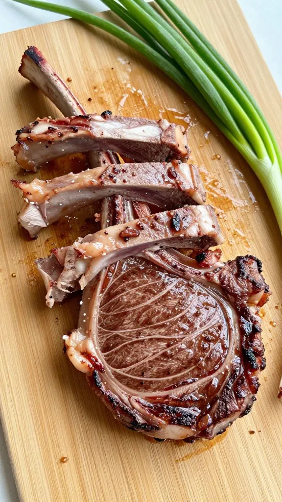 Leftover ribeye slices on cutting board, scallions nearby