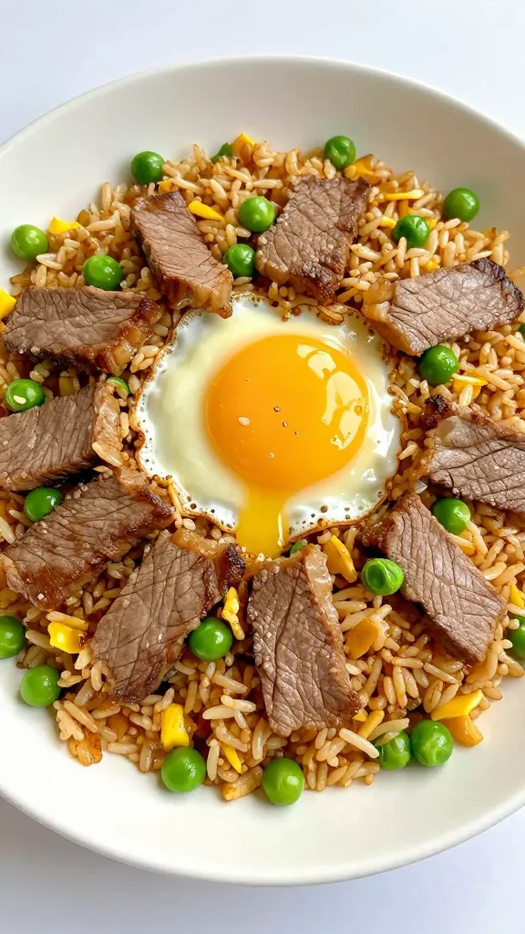 Wok-tossed fried rice with steak, peas, and egg