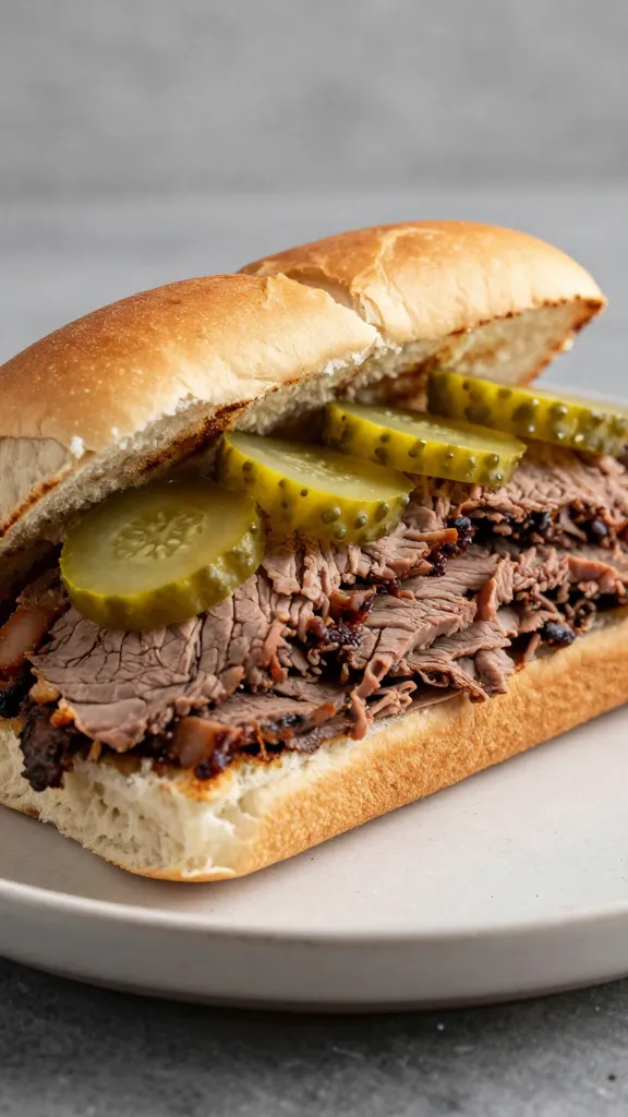 sliced leftover brisket on toasted brioche bun, pickles