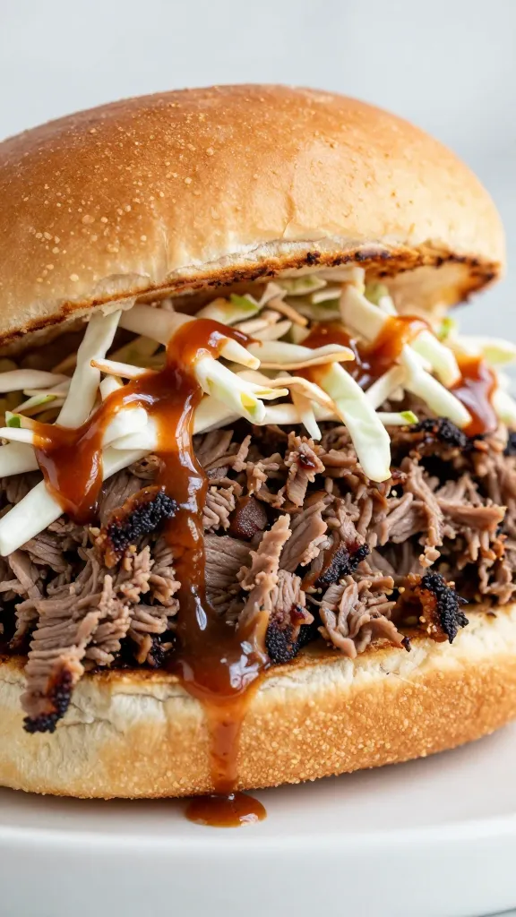 chopped brisket sandwich with coleslaw and spicy bbq sauce