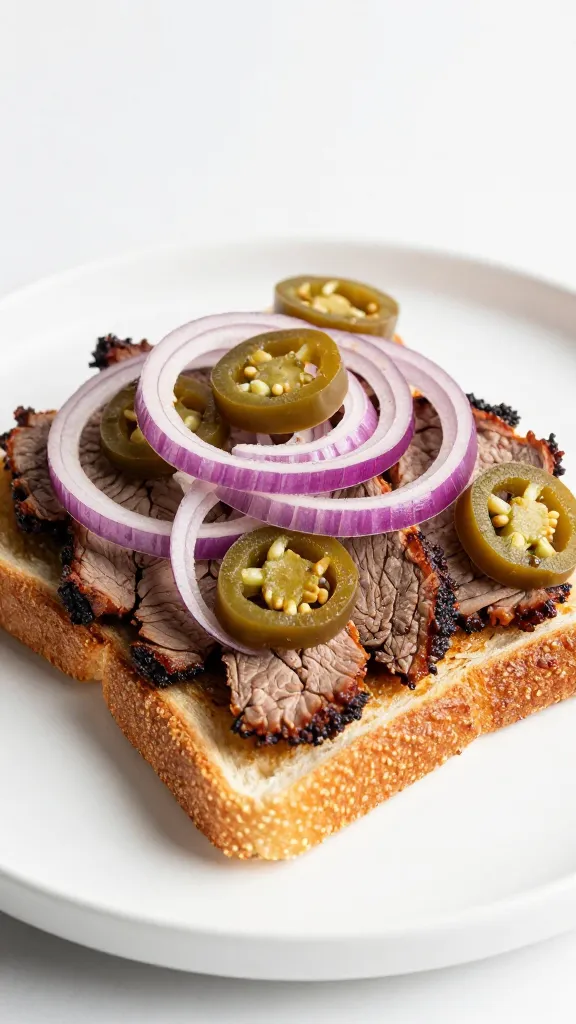 crispy-edged brisket on Texas toast, red onions, jalapeños
