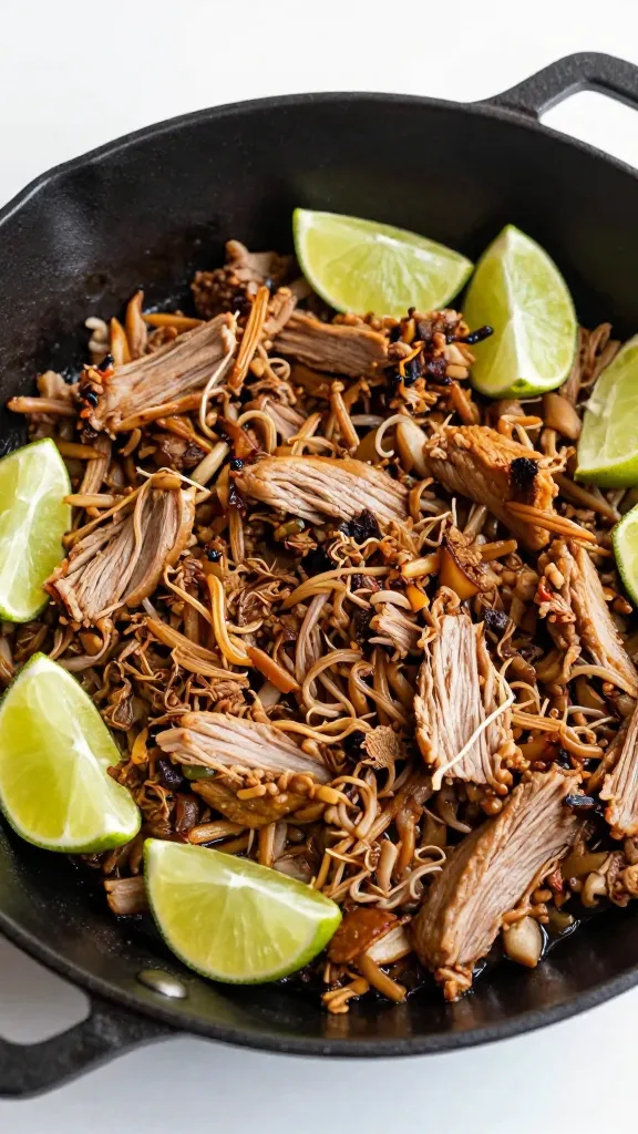 reheated pulled pork in skillet with lime wedges