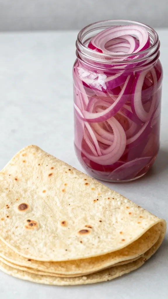 quick pickled red onions in jar beside warm tortillas