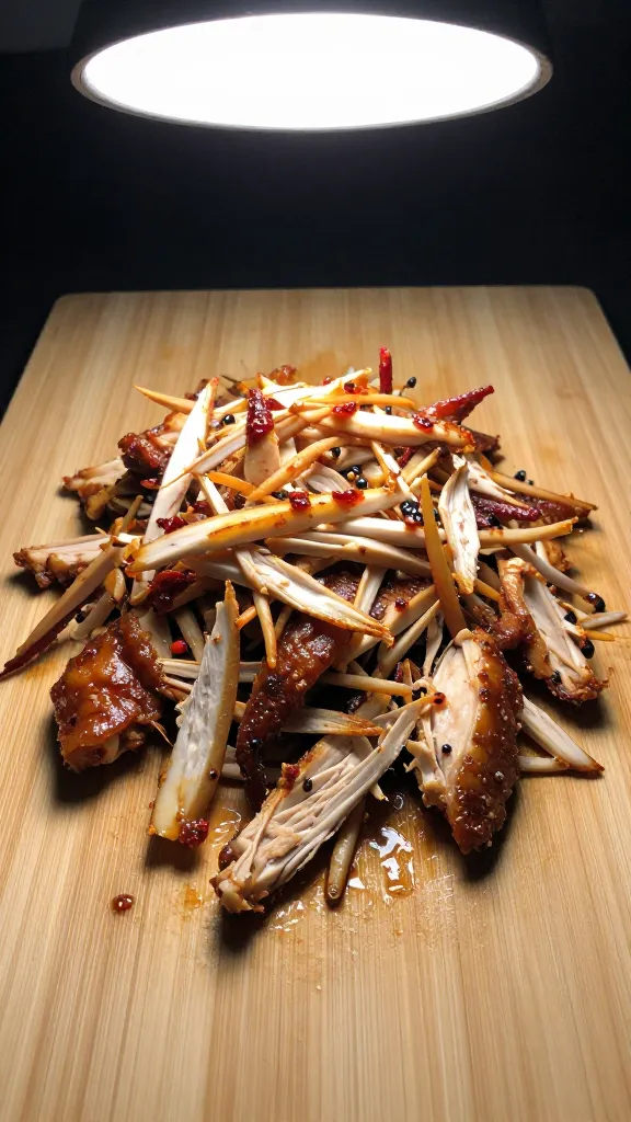 shredded leftover bbq chicken on cutting board, overhead light