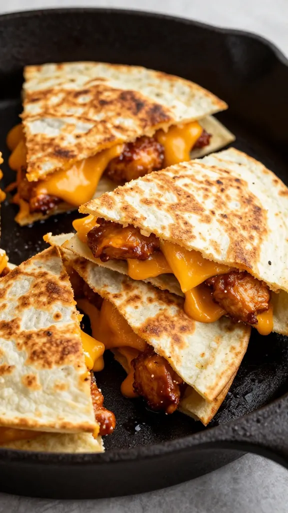 cheesy bbq chicken quesadilla slices on cast-iron skillet