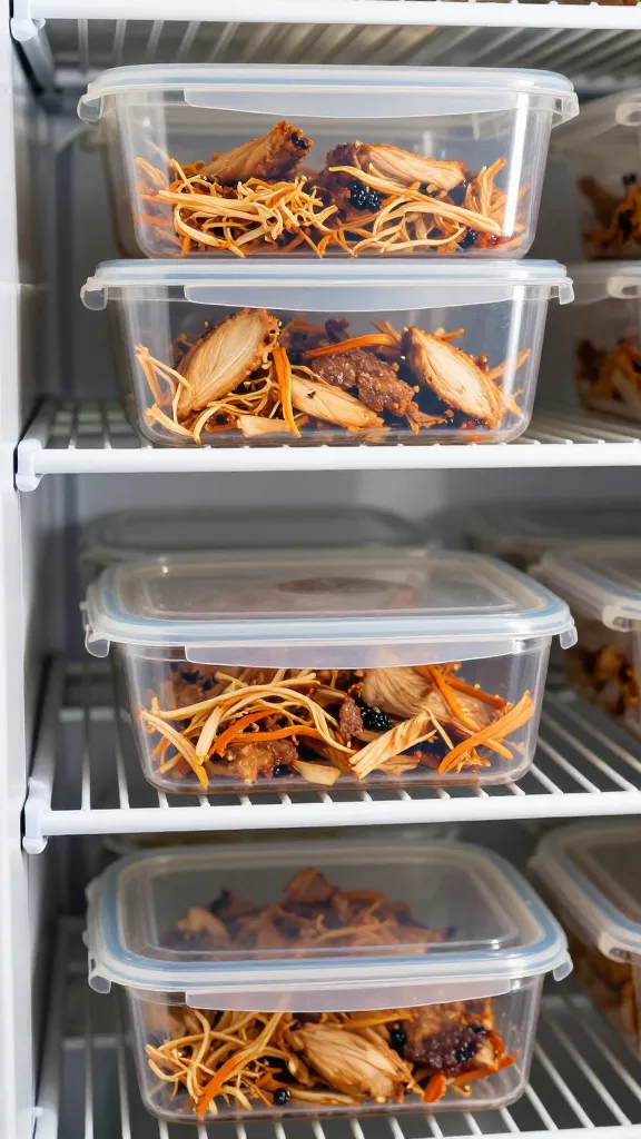 meal-prep containers with shredded bbq chicken portions, fridge shelf view