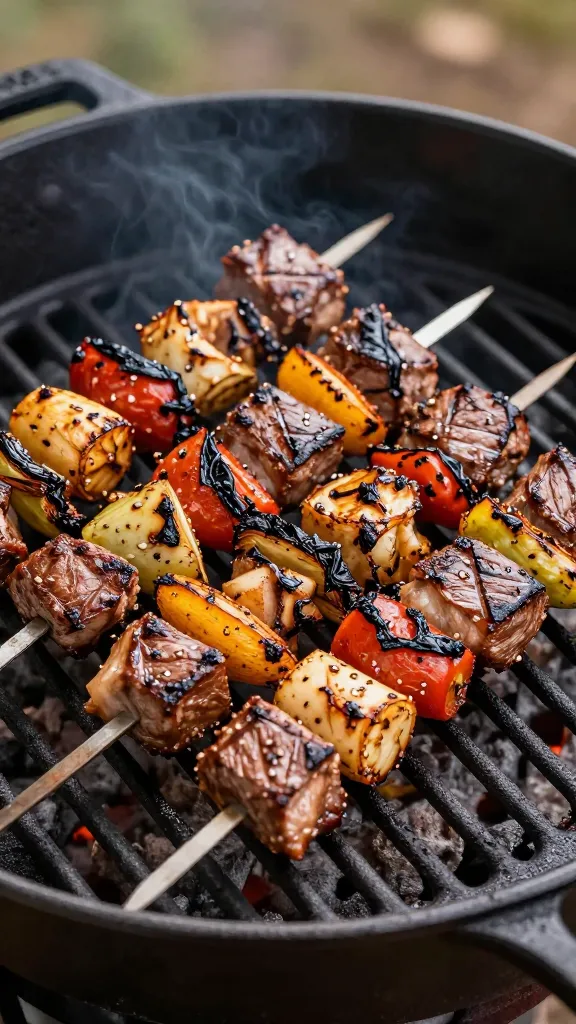 Grilled steak kabobs with charred veggies on cast-iron grate