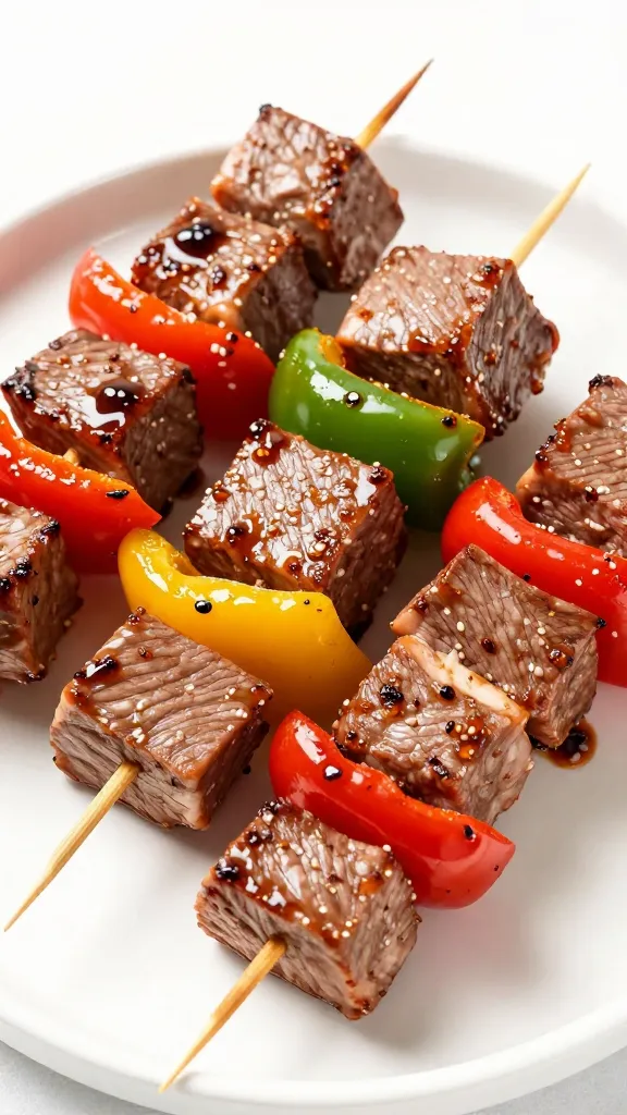 Raw steak cubes and bell peppers skewered, brushed with marinade