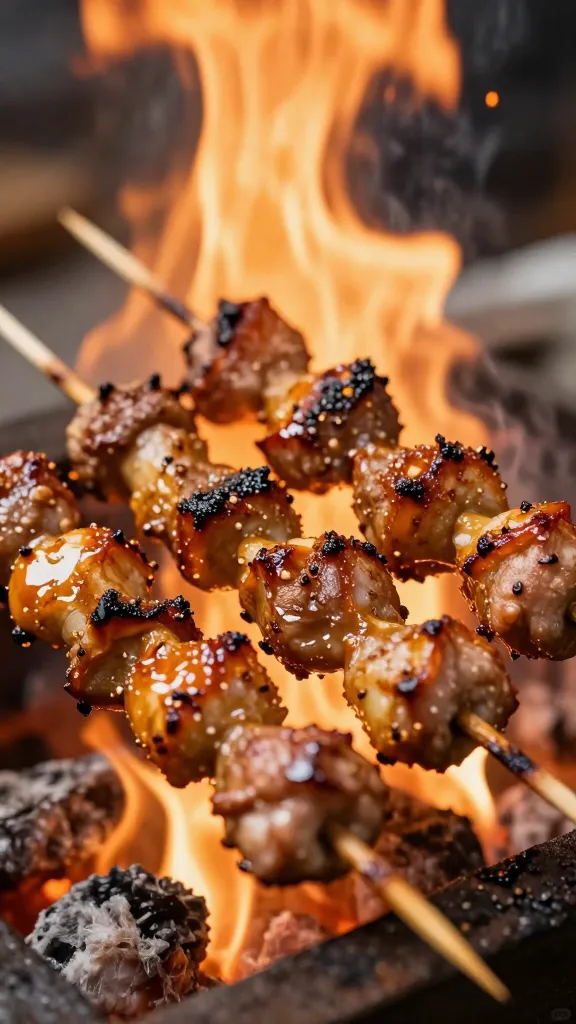 Close-up of sizzling kabobs with caramelized edges, high heat flames