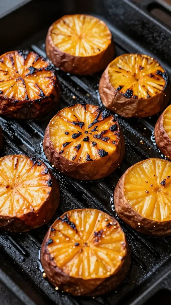 Grilled sweet potato rounds with char marks on cast-iron grates
