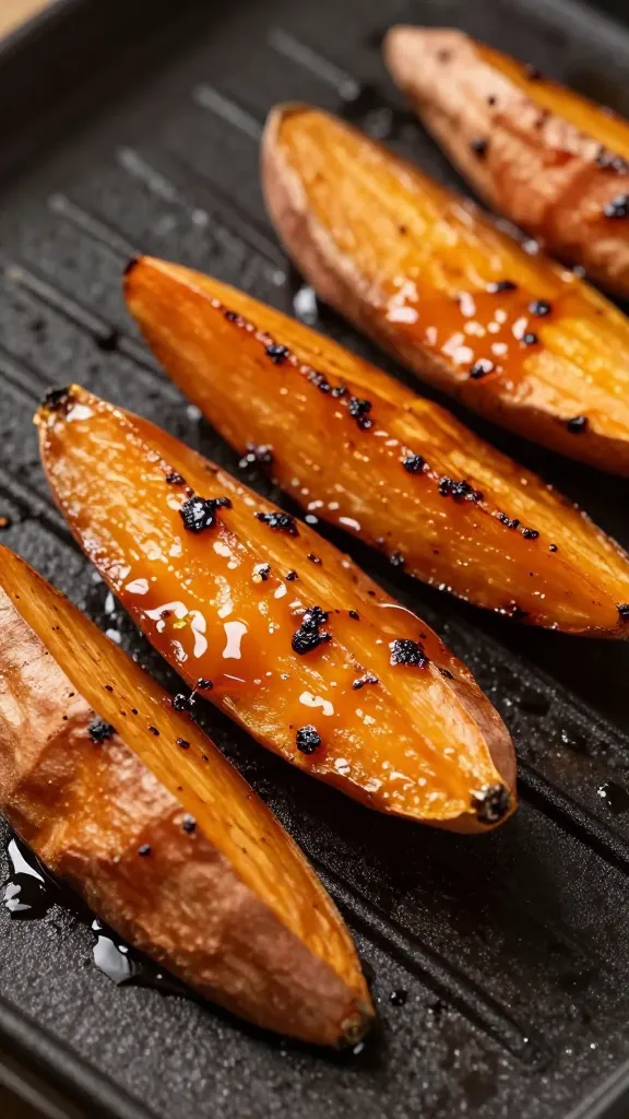 Sweet potato wedges brushed with smoky glaze on hot grill