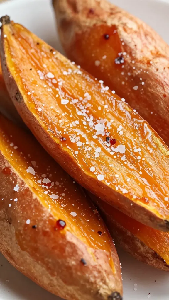Caramelized sweet potato planks sprinkled with flaky salt, close-up