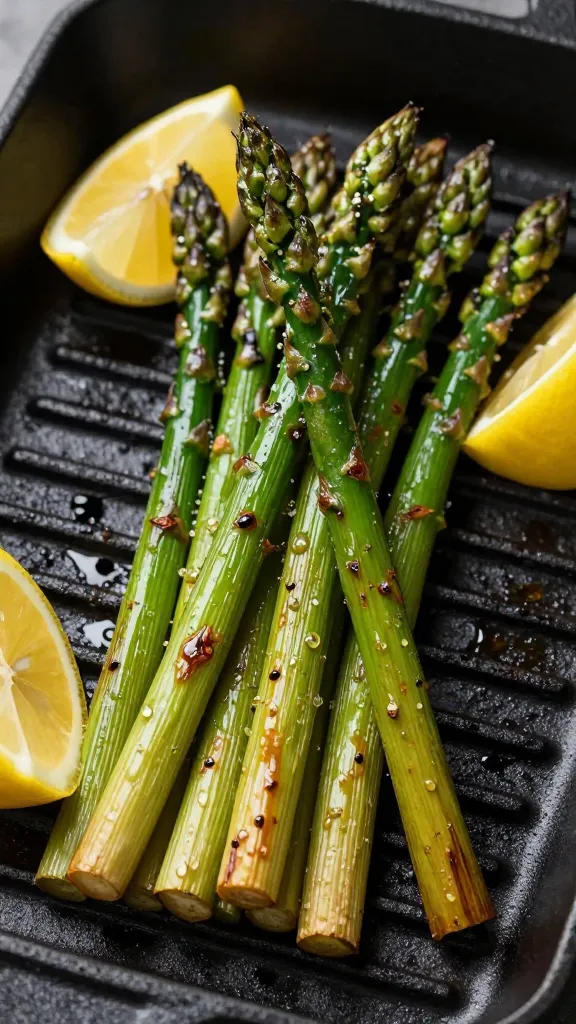 Grilled asparagus spears with lemon wedges on cast-iron grate