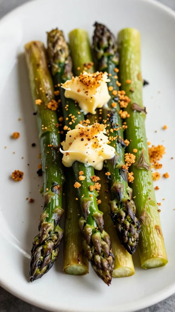 Charred asparagus topped with garlicky butter and toasted panko