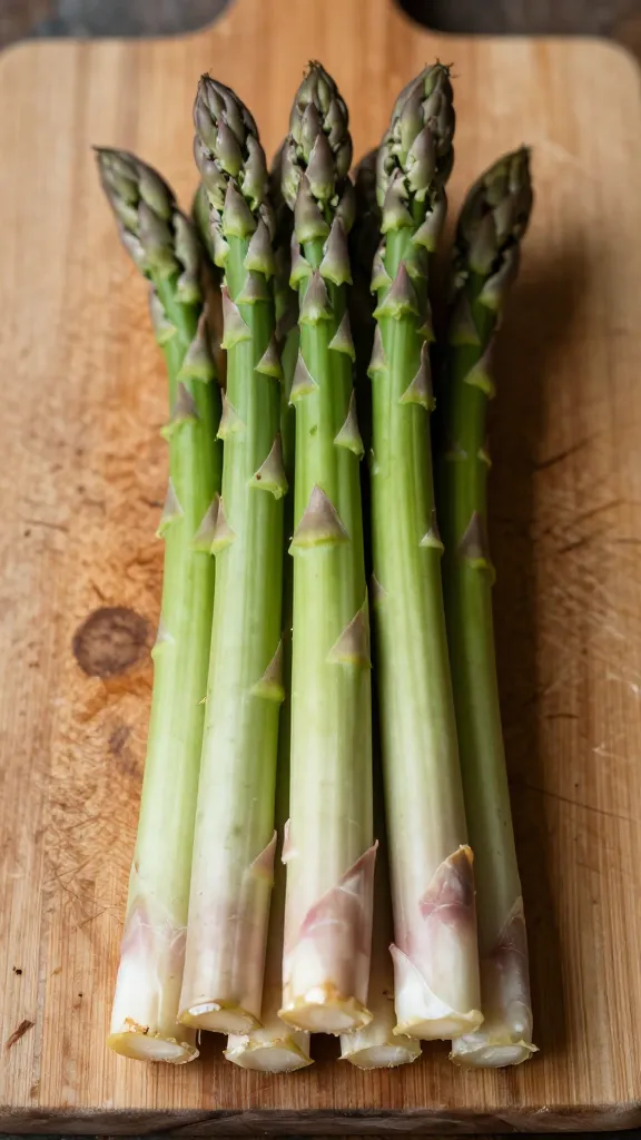 Fresh asparagus bunch, trimmed ends, on rustic cutting board