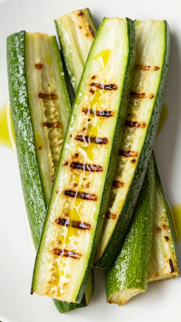 Grilled zucchini spears with char marks, olive oil drizzle