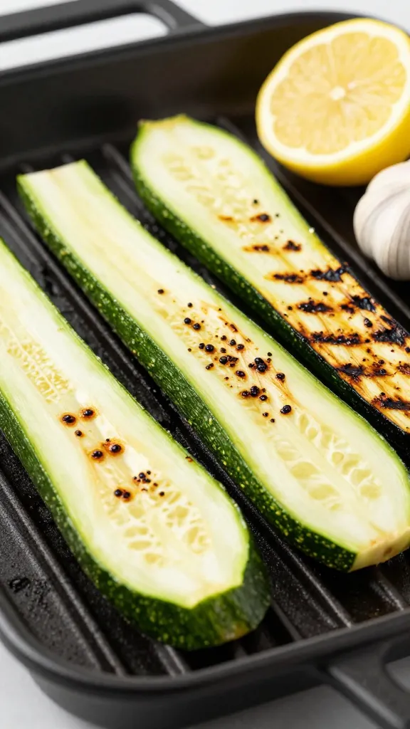 Sliced zucchini on grill grates, lemon and garlic beside