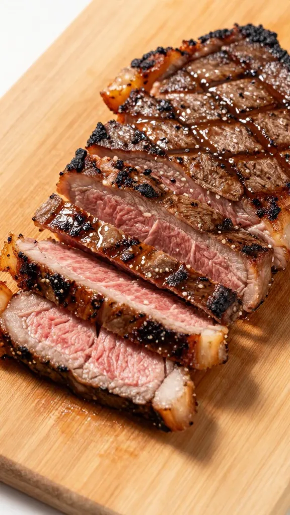 sliced leftover grilled steak against grain on wooden board
