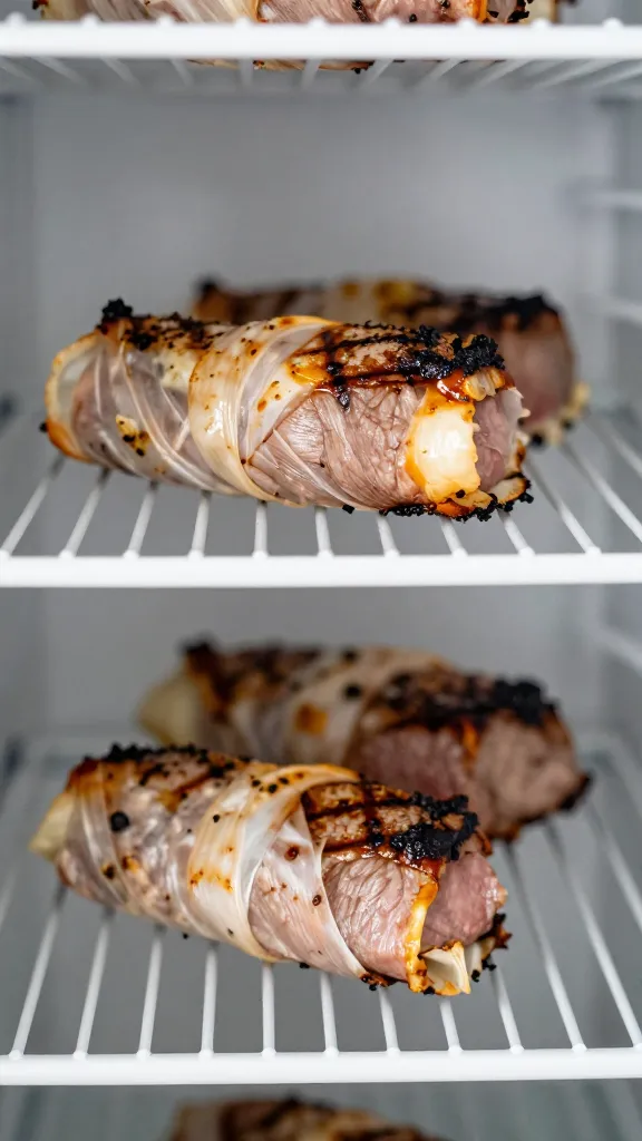 wrapped grilled steak cooling in fridge on top shelf
