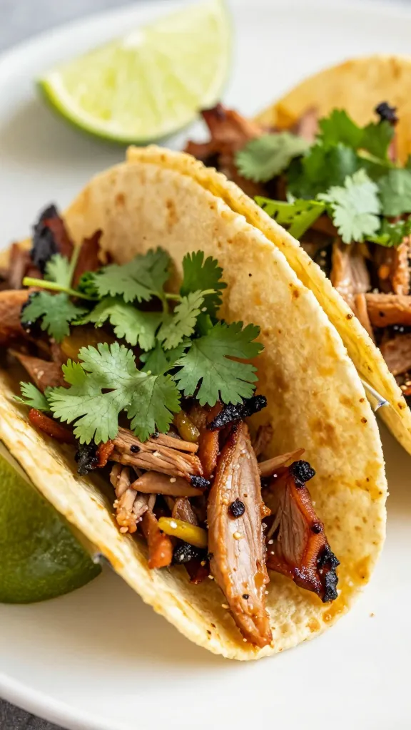 leftover BBQ pork tacos with lime and cilantro