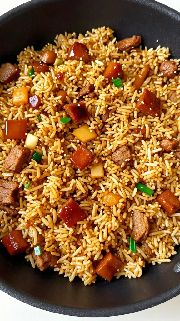 diced BBQ pork fried rice in black skillet