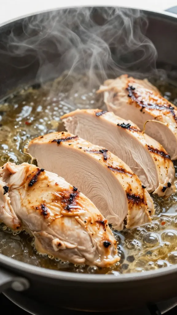 sliced grilled chicken in skillet with steam, splash of broth