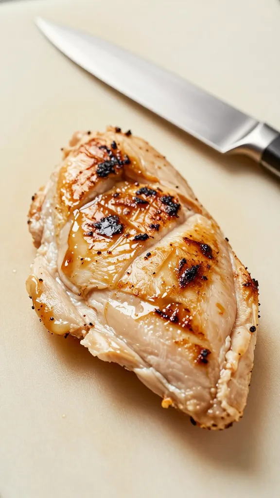 thin grilled chicken on cutting board, sharp chef’s knife
