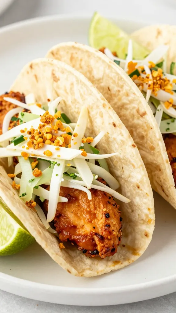 smoky chicken tacos with crunchy slaw, lime wedges, close-up