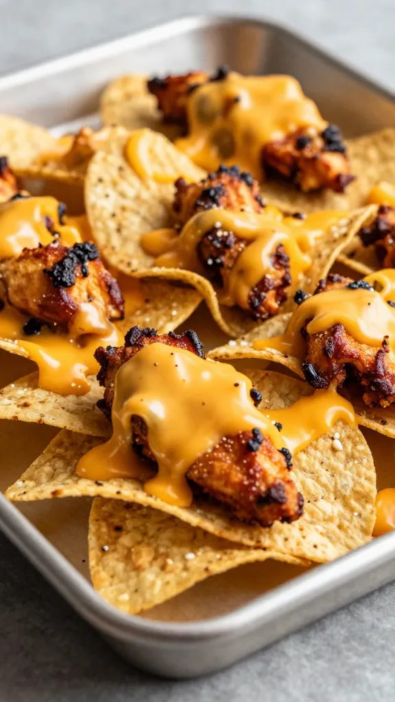 Loaded BBQ chicken nachos on sheet pan, melted cheddar