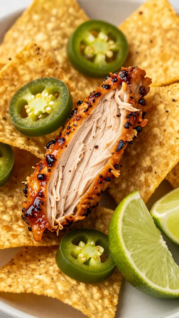 Close-up shredded BBQ chicken on tortilla chips, jalapeños, lime