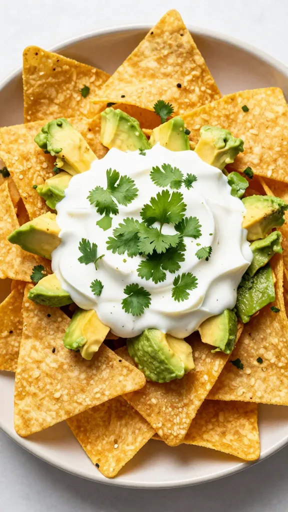 Overhead nachos with sour cream, avocado, cilantro garnish