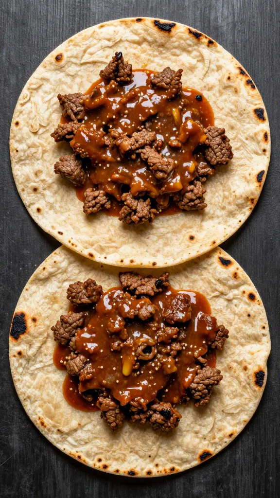 Charred tortillas with saucy leftover taco meat, overhead