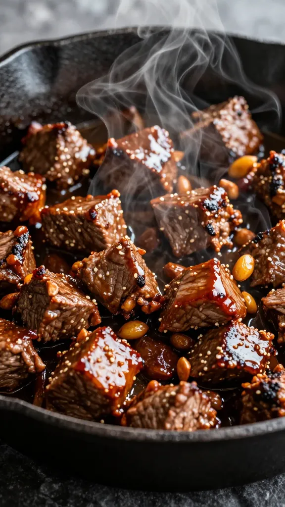 BBQ-glazed taco beef in cast-iron skillet, steam rising