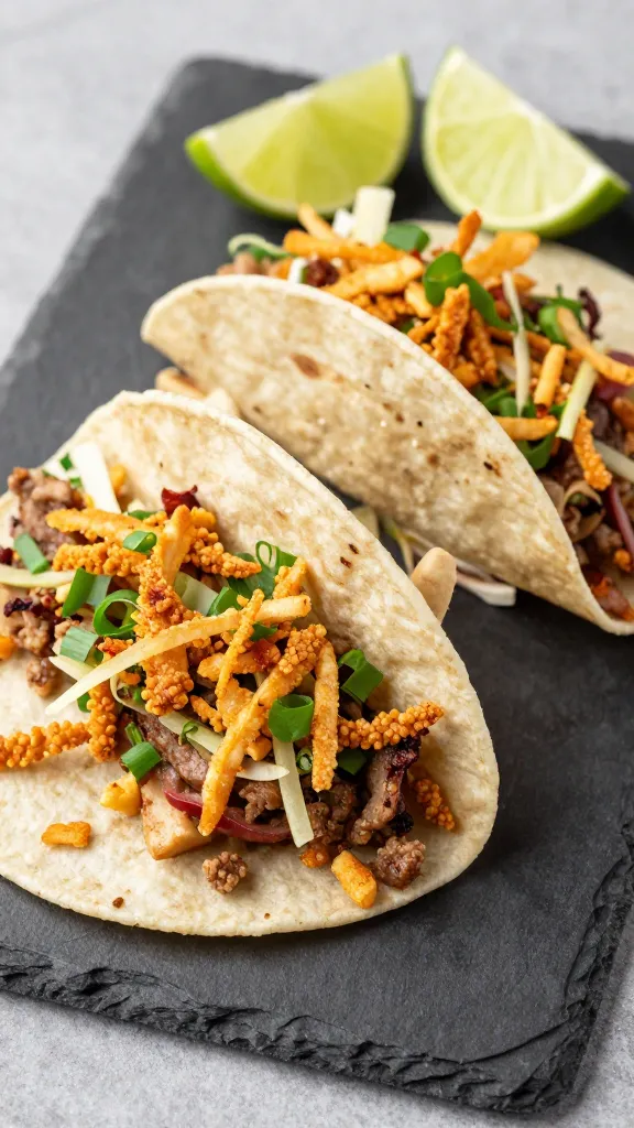 Tacos with crunchy slaw and lime wedges on slate plate