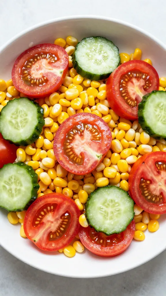 summer corn salad with tomatoes and cucumbers, overhead