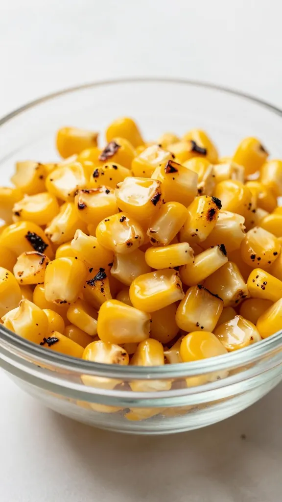 grilled leftover corn kernels in glass bowl, natural light