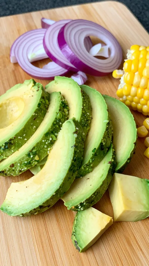 chopped avocado, red onion, and corn on cutting board
