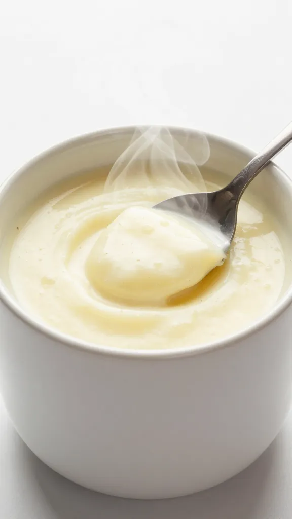 creamy potato soup in mug with spoon, steam rising