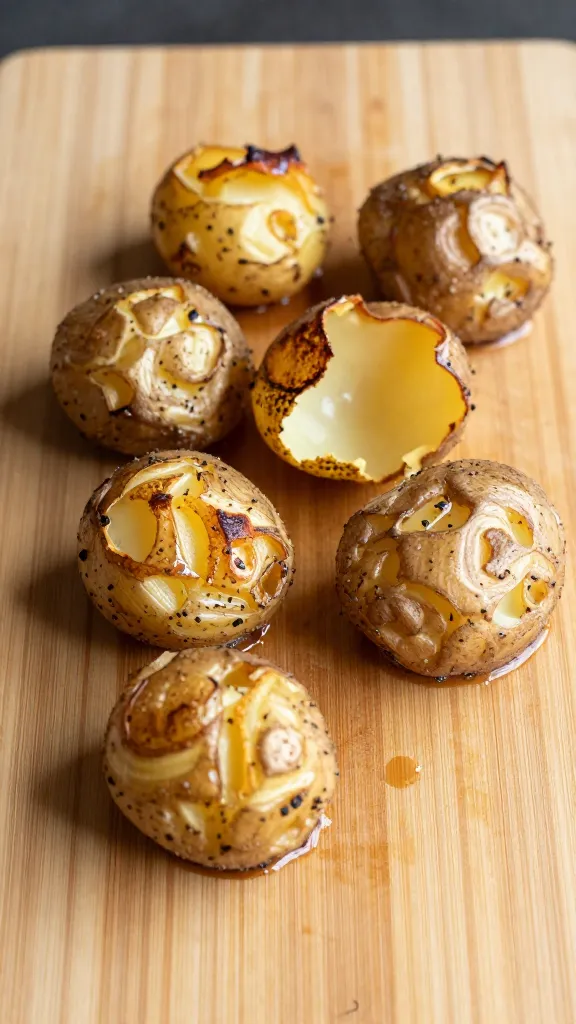 leftover baked potatoes on cutting board, roasted skins visible