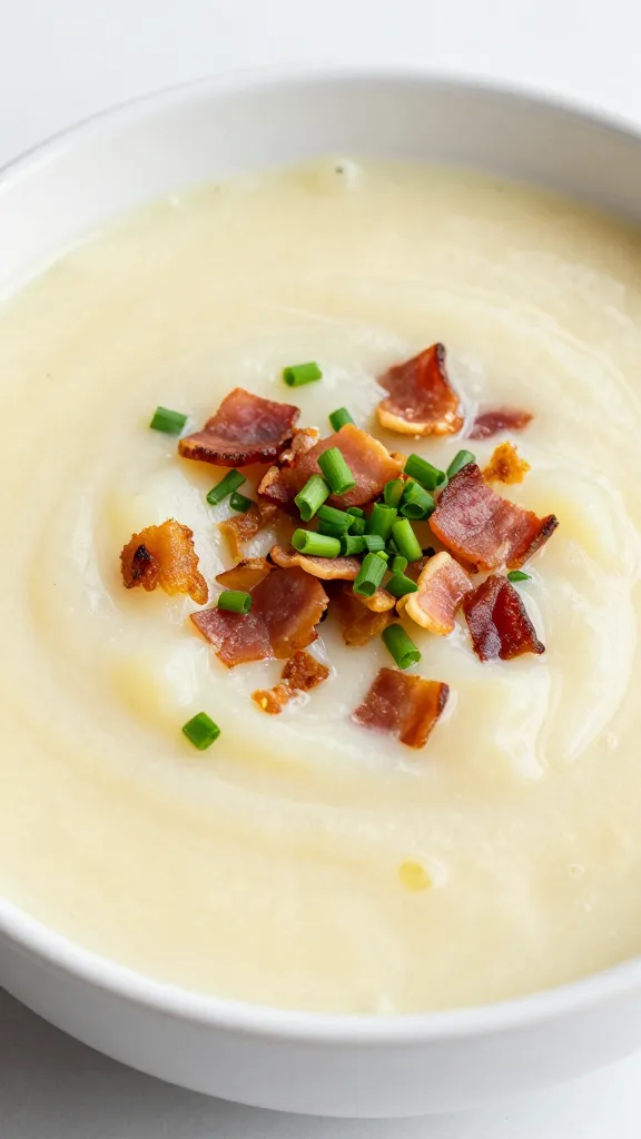 bowl of potato soup topped with chives and bacon crumbs