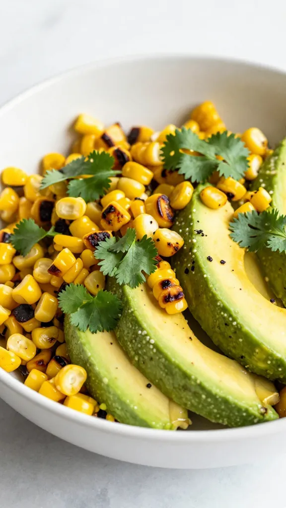 charred corn and avocado salad in white bowl, cilantro garnish