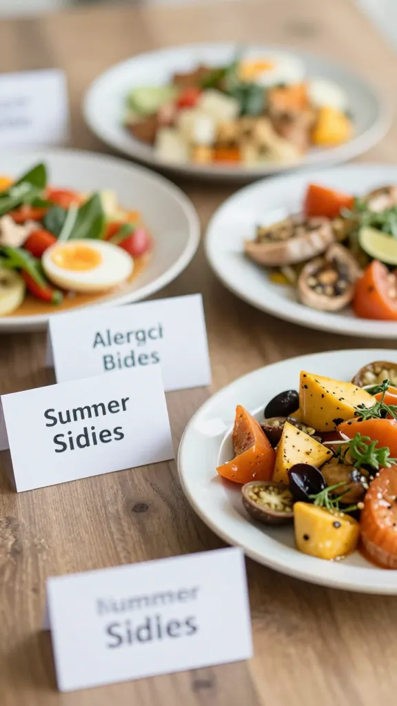 labeled allergen cards next to summer side dishes on table