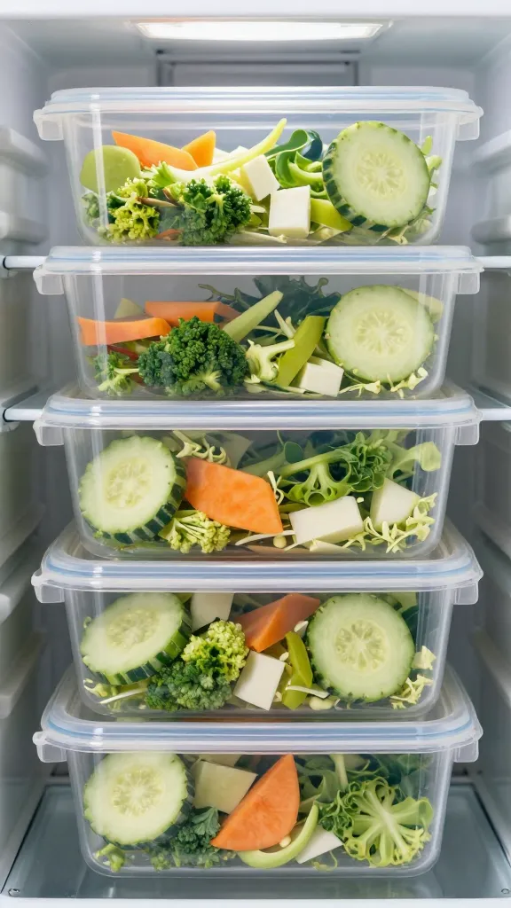 make-ahead salad bowls chilling in fridge, clear containers
