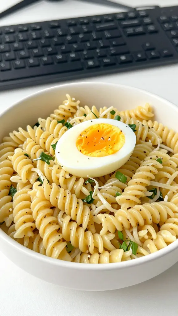 Pasta salad topped with soft-boiled egg, office lunch