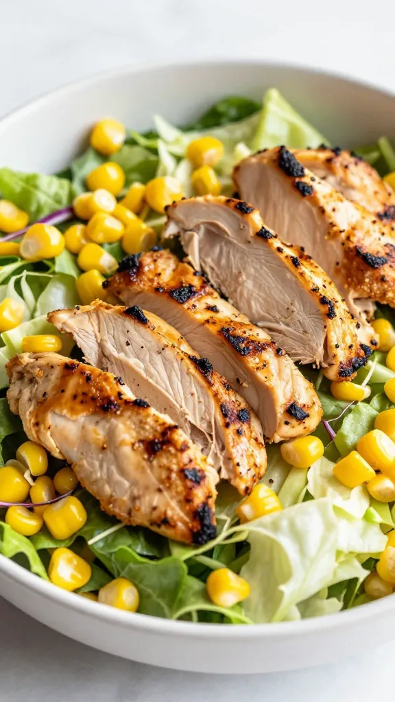 grilled chicken salad with corn and slaw in bowl